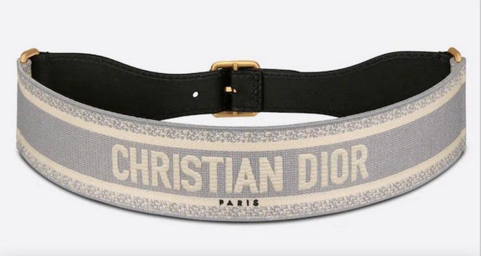 Embroidered Canvas Logo Belt, 65 MM, Gray and Beige
