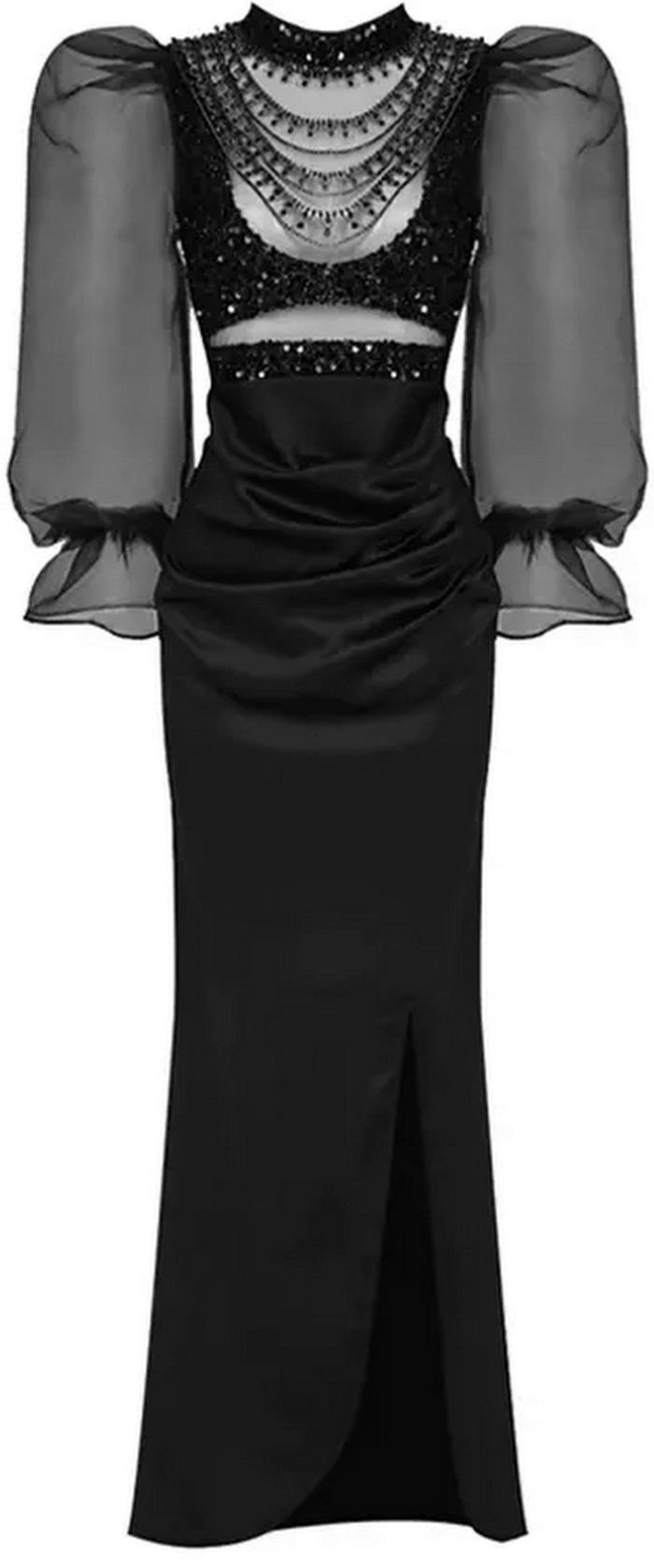 Black Embellished Tulle-Sleeve Gown