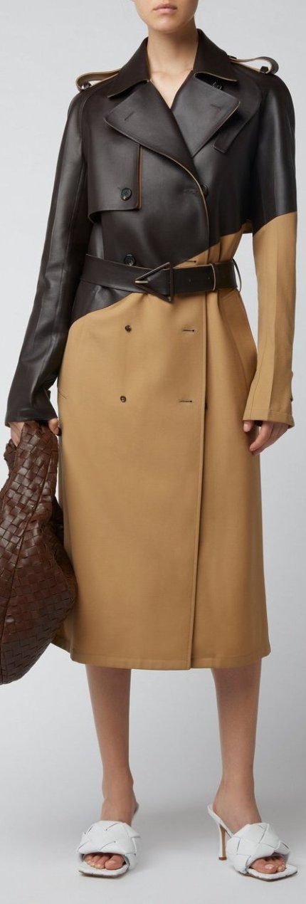 Belted Double-Breasted Gabardine Leather Trench Coat