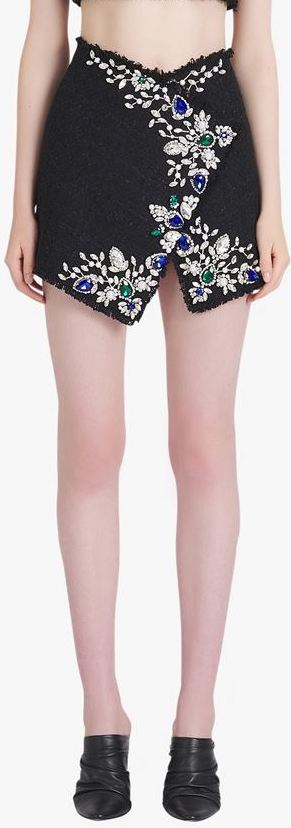 Short Black Skirt with Multicolor Jewel Embroidery *Very Limited Stock*