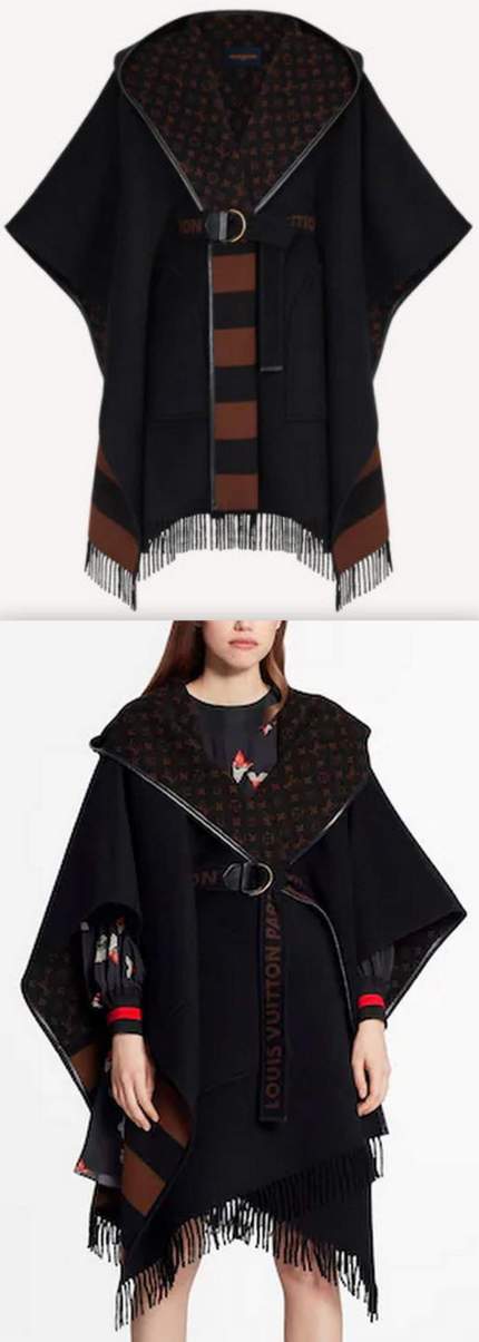 Hooded Wrap Cape Coat in Wool and Silk with Fringe