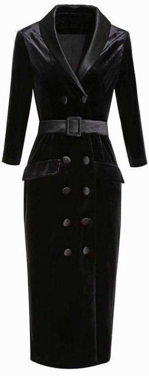 Double-Breasted Belted Velvet Midi Dress, Black | DESIGNER INSPIRED FASHIONS