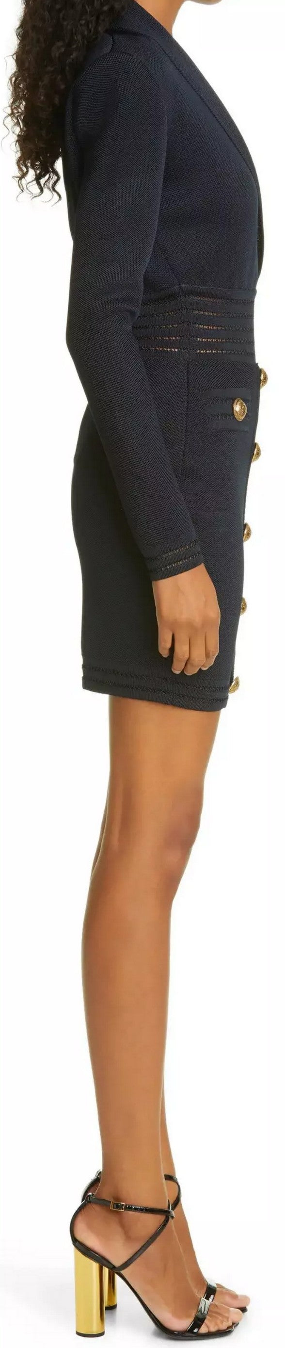 Short Knit Dress with Gold-Tone Buttons, Black DESIGNER INSPIRED FASHIONS
