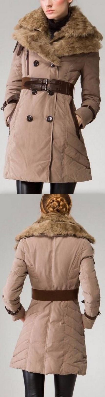 Buckled Sheep-Fur-Collar Double Breasted Down Coat in Khaki