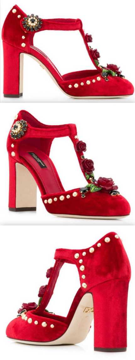 Brocade T-Strap Sandals with Embroidery, Red