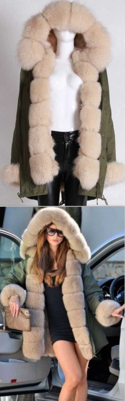 Army Parka Military Parka Coat with Fox Fur-Army/Olive Green & Cream | DESIGNER INSPIRED FASHIONS