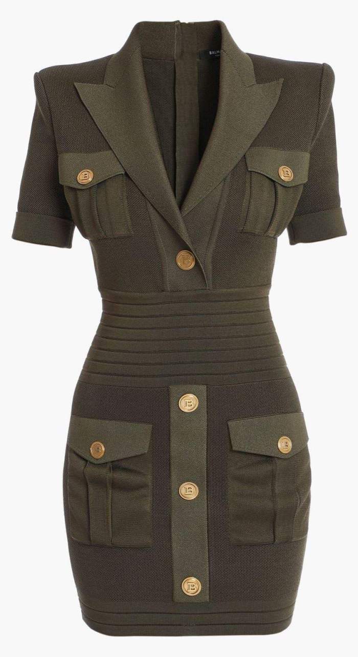 Military Pocket Mini Dress with Gold-Tone Buttons DESIGNER INSPIRED FASHIONS