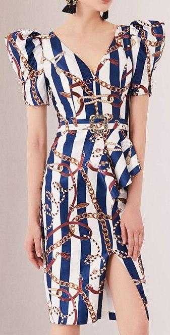 Striped Printed Puff-Sleeve Dress DESIGNER INSPIRED FASHIONS