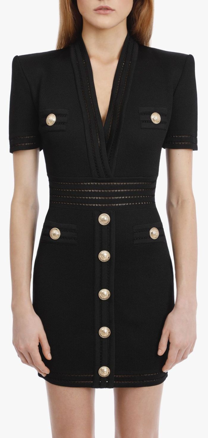 Button-Embellished V-Neck Mini Dress, Black DESIGNER INSPIRED FASHIONS