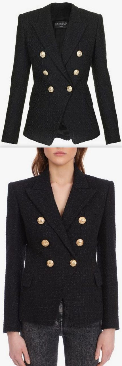 Button-Front Tweed Blazer, Black