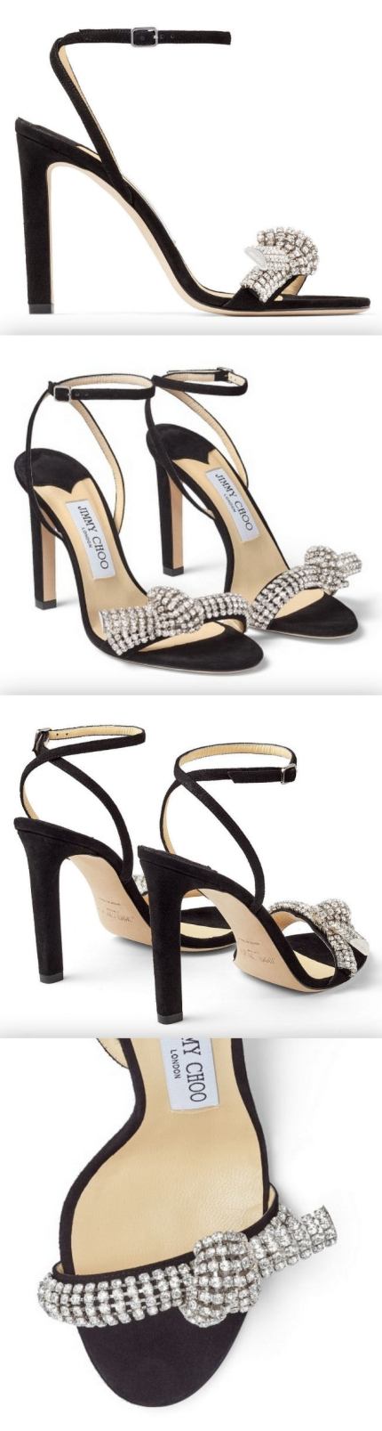 Black Suede Sandals with Pavé Crystal Cord Detail