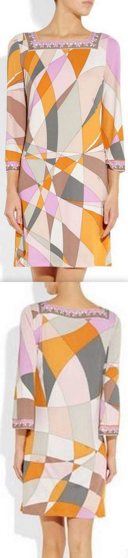 Geometric Print Square-Neck Jersey Silk Mini Dress-Multi Color