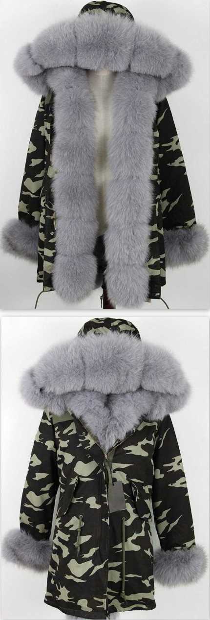 Army Parka Military Camouflage Parka Coat with Fox Fur-Grey | DESIGNER INSPIRED FASHIONS