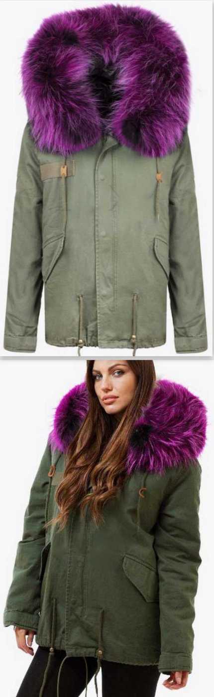 Army-Green Fur Parka Jacket-Purple Fur with Black Lining | DESIGNER INSPIRED FASHIONS