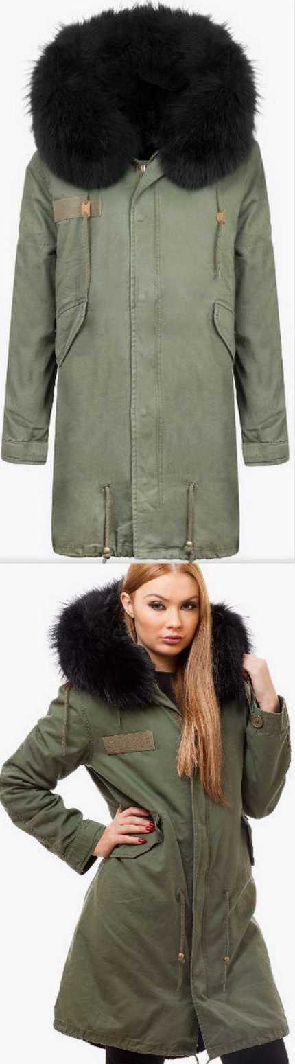 Army-Green Fur Parka Coat-Black Fur | DESIGNER INSPIRED FASHIONS