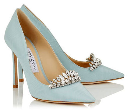 'Romy' 85 Light Blue Satin Pointy Toe Pumps with Crystal Tiara