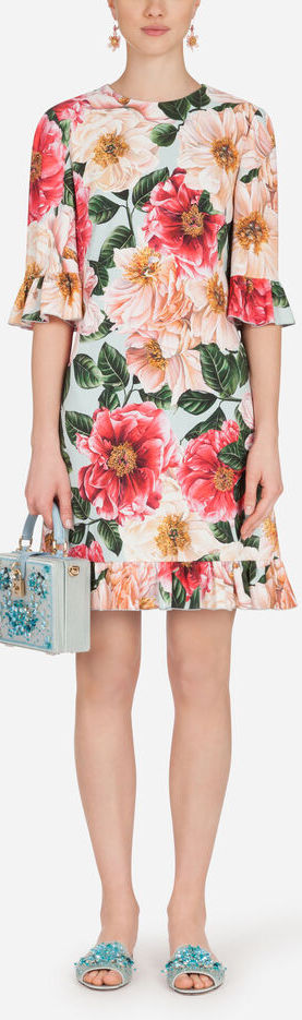 Short Camellia-Print Cady Dress with Ruffle Detailing