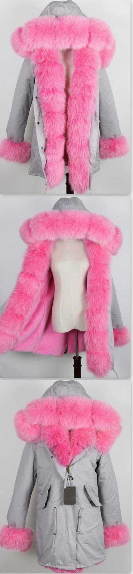Army Parka Military Parka Coat with Fox Fur-Grey/Pink | DESIGNER INSPIRED FASHIONS