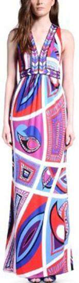 Geometric Print Long Jersey Silk Halter Dress | DESIGNER INSPIRED FASHIONS