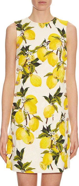 Lemon-Print Floral-Brocade Embellished Dress