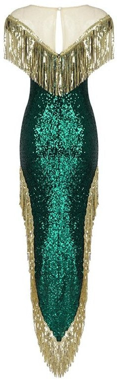 Fringed Emerald and Gold Asymmetrical Gown Inspired Fashions Boutique