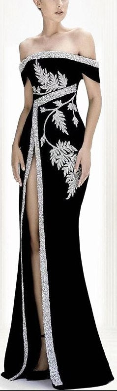 Embellished Off-The-Shoulder Velvet Gown DESIGNER INSPIRED FASHIONS