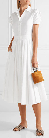 Pleated Poplin Midi Dress, White | DESIGNER INSPIRED FASHIONS