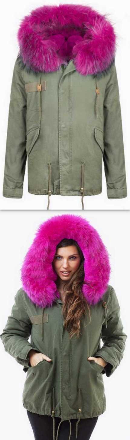 Army-Green Fur Parka Jacket-Fuchsia Fur | DESIGNER INSPIRED FASHIONS