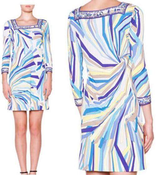 Square Neck Abstract Print Border Trim Jersey Silk Dress DESIGNER INSPIRED FASHIONS