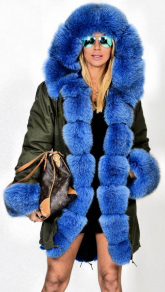 Army Parka Military Parka Coat with Fox Fur-Army/Olive Green & Blue | DESIGNER INSPIRED FASHIONS