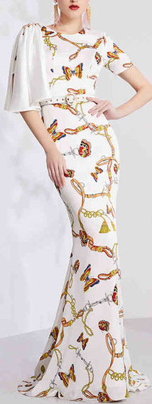 Butterfly Print Draped-Sleeve Gown