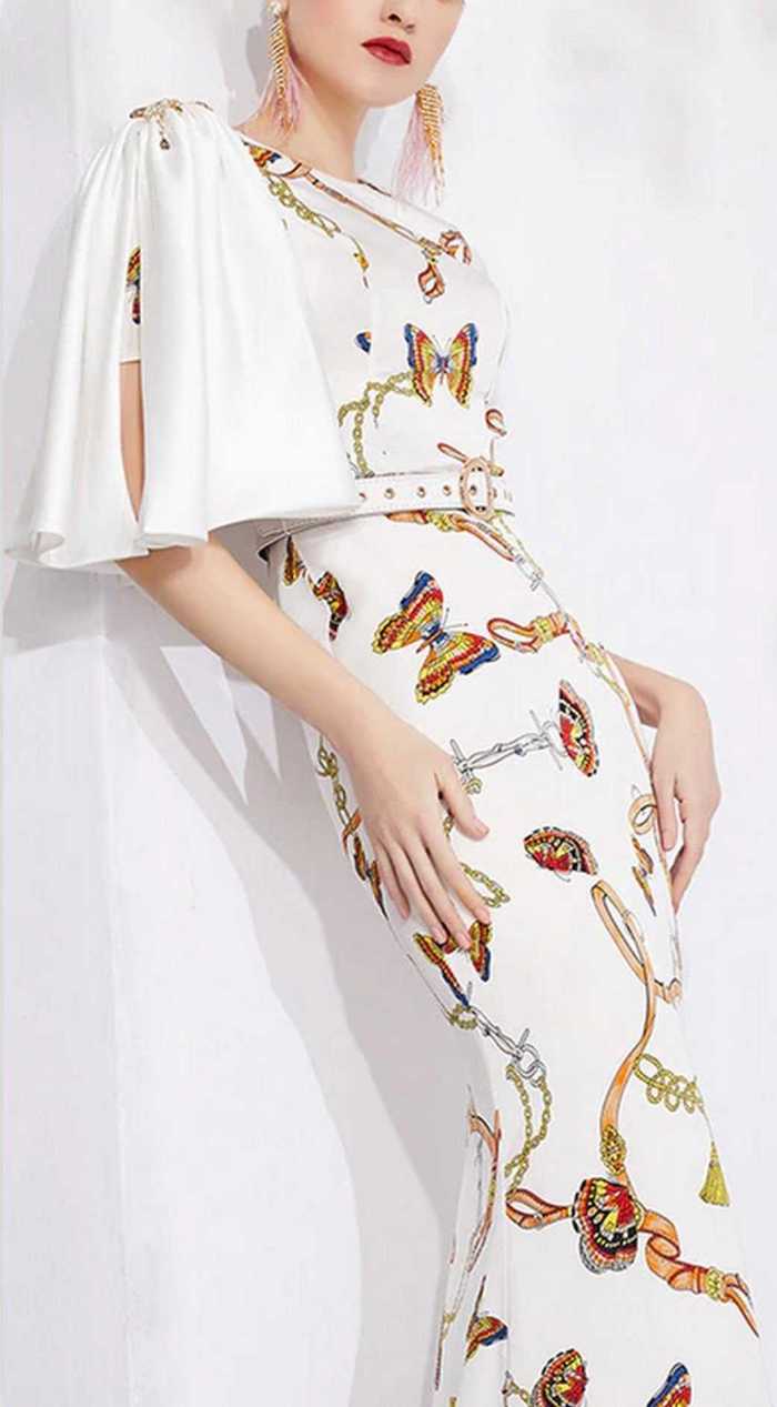 Butterfly Print Draped-Sleeve Gown DESIGNER INSPIRED FASHIONS