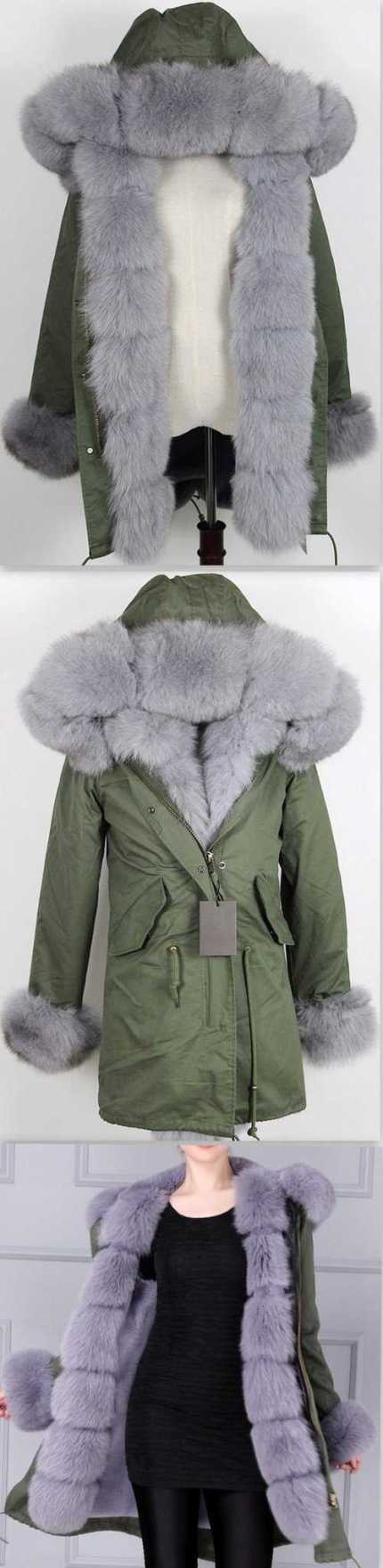 Army Parka Military Parka Coat with Fox Fur-Green/Grey | DESIGNER INSPIRED FASHIONS