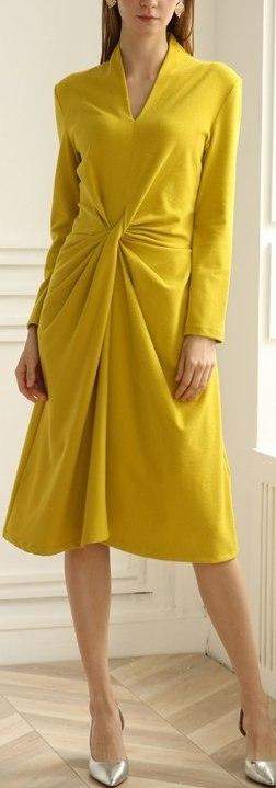 Long-Sleeve Ruched V-Neck Dress | DESIGNER INSPIRED FASHIONS