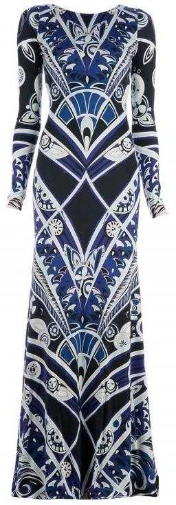 Long Silk Geometric Print Gown - Blue-DESIGNER INSPIRED FASHIONS-**Our Top Choices**,*Extended Sized Dresses*,Long Sleeve Dresses,Long/Maxi Dresses/Gowns,Printed Dresses