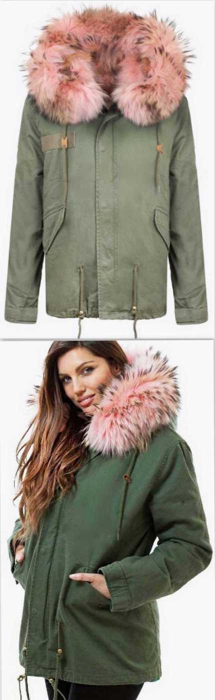 Army-Green Fur Parka Jacket-Pink Fur | DESIGNER INSPIRED FASHIONS