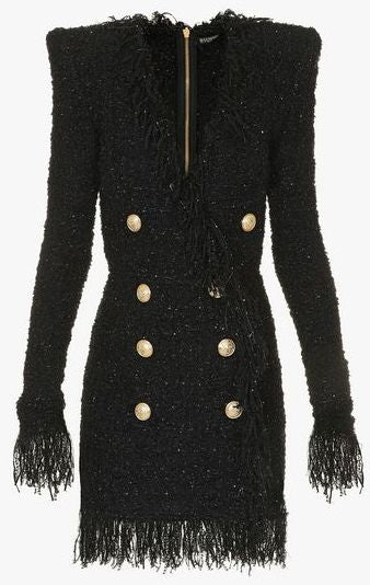 Double-Breasted Knit Tweed Dress, Black DESIGNER INSPIRED FASHIONS