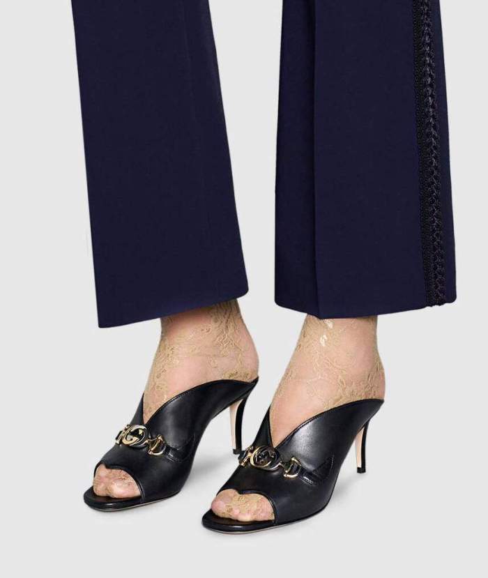 'Zumi' Leather Mid-Heel Slide Sandals, Black
