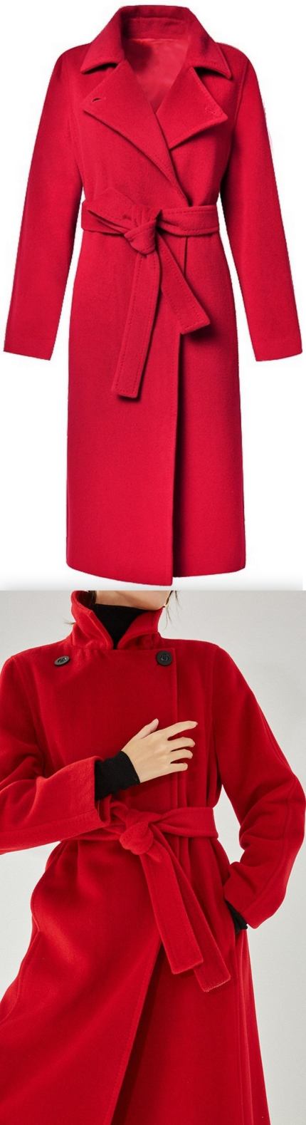 Belted Cashmere Wool Wrap Coat, Red