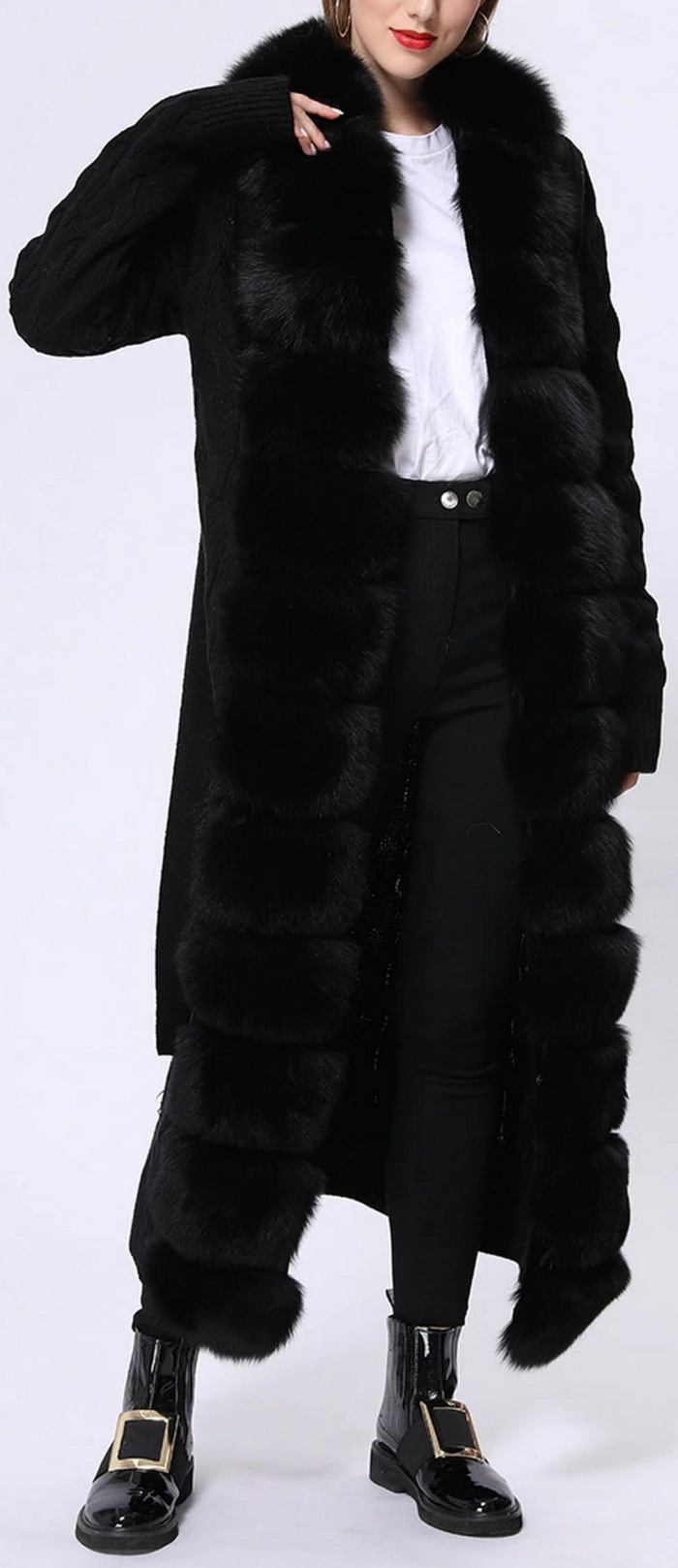 Fur-Trim Long Knit Cardigan Sweater-Coat, Black Inspired Fashions Boutique