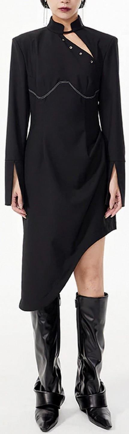 Split-Sleeve Cutout-Collar Asymmetrical Dress