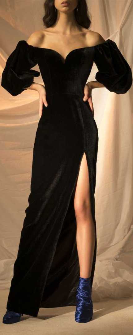 Black Off-the-Shoulder Puff Sleeve Velvet Gown