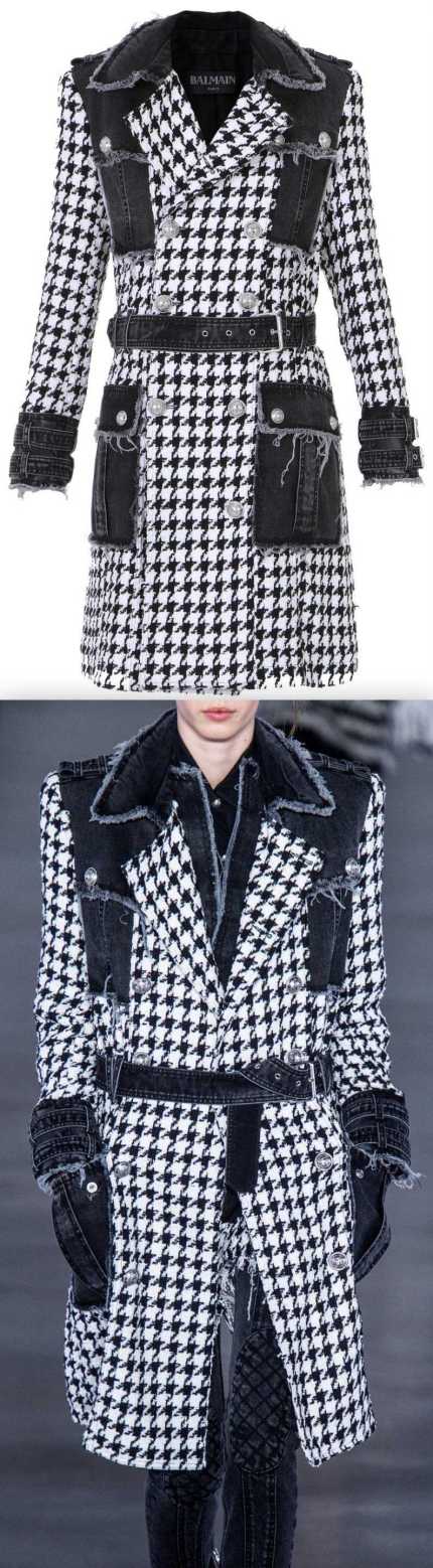 Denim And Houndstooth Double-Breasted Tweed Trench Coat | DESIGNER INSPIRED FASHIONS