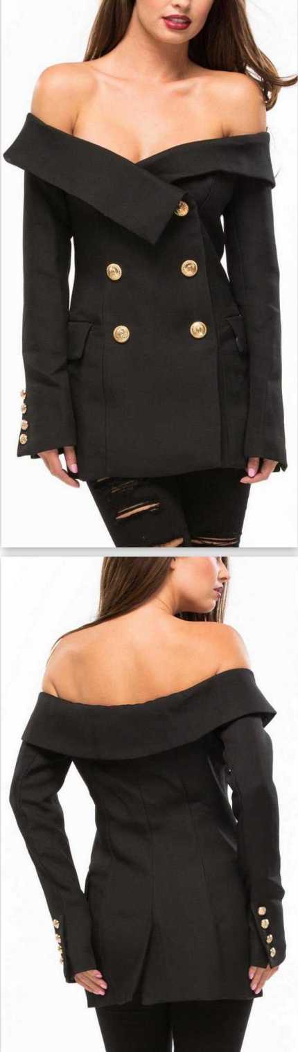 'All that Admiration' Off-Shoulder Blazer in Black-DESIGNER INSPIRED FASHIONS-Blazers,Double Breasted Jackets