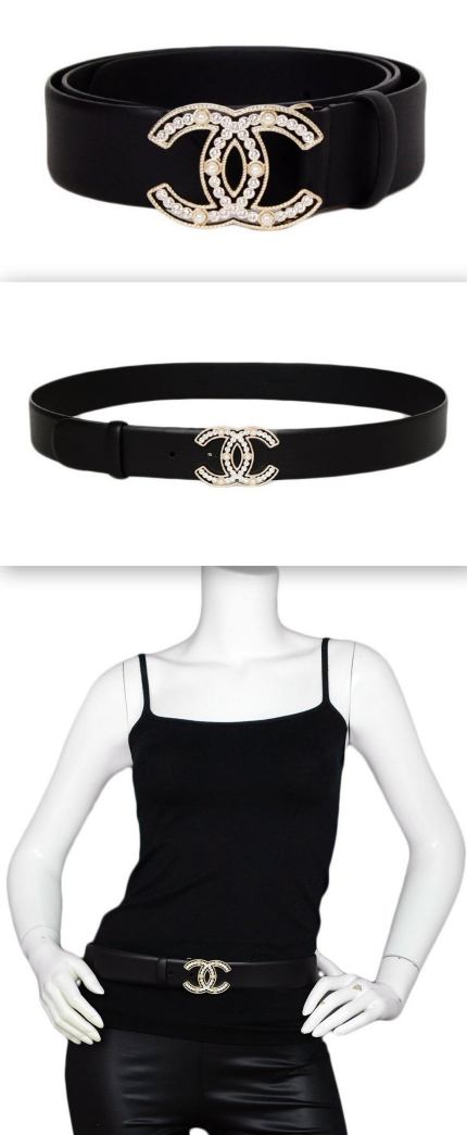Black Leather Belt with Crystal Pearl CC Buckle