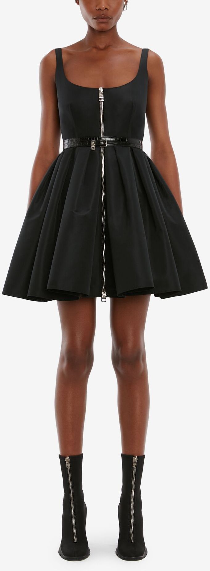 Black Zip Detail Polyfaille Mini Dress