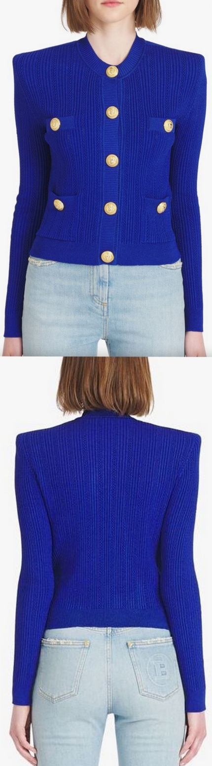 Cropped “Gitane” Knit Cardigan with Gold-Tone Buttons, Blue