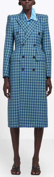 Hourglass Double-Breasted Checked Wool Coat, Blue | DESIGNER INSPIRED FASHIONS