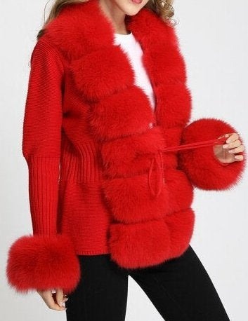 Fur-Trim Knit Cardigan Sweater, Red Inspired Fashions Boutique