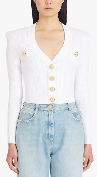 Button-Embellished Cropped Knit Cardigan, White Inspired Fashions Boutique